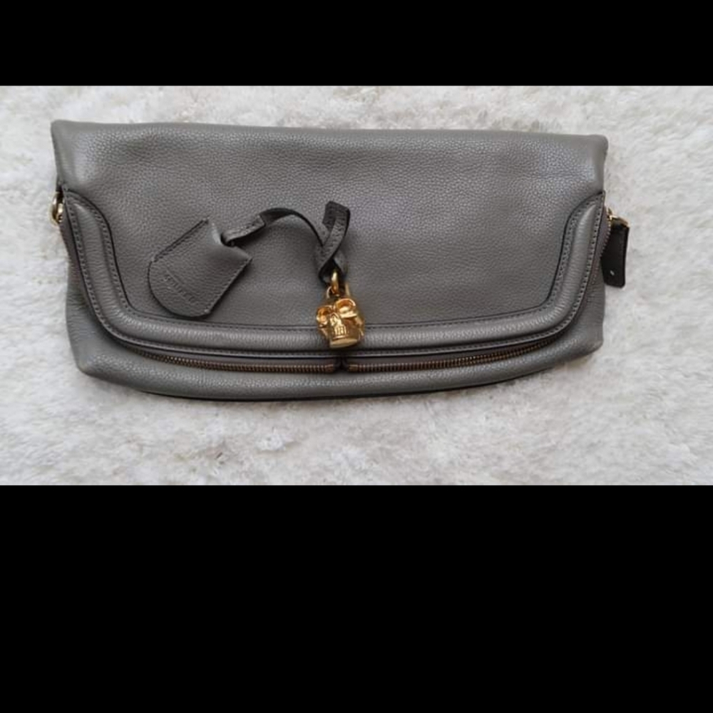 Alexander McQueen Grey Leather Skull Lock Clutch